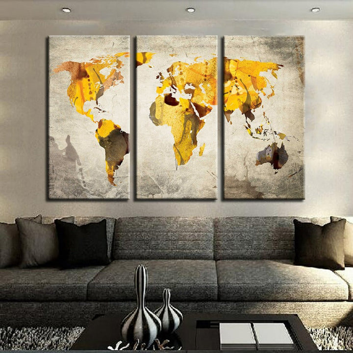 Yellow Classic World Map-Canvas Wall Art Painting 3 Pieces | Bowlift