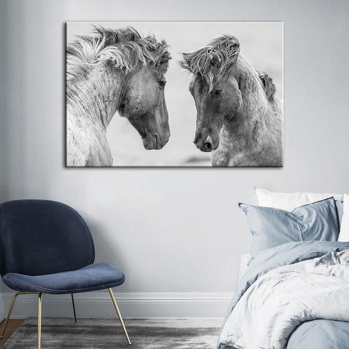 Two White Horses - Canvas Wall Art Painting | Bowlift