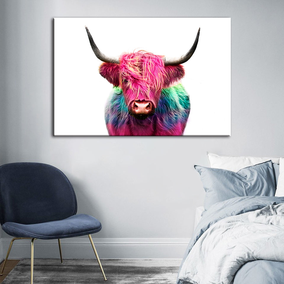 Colorful Pink Cow - Canvas Wall Art Painting | Bowlift