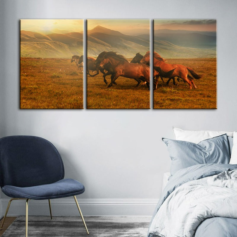 Running Horses With Beautiful Landscape-Canvas Wall Art Painting 3 Pieces | Bowlift