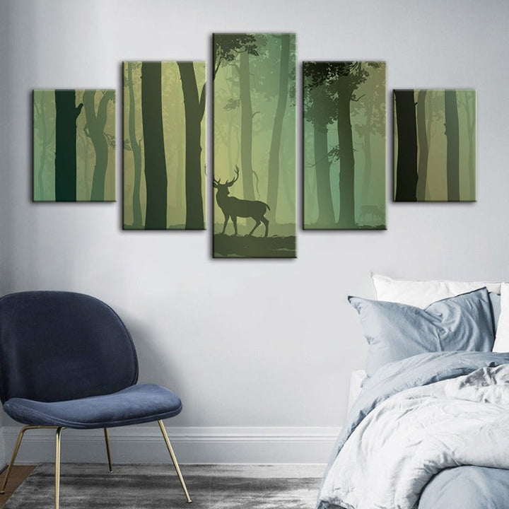 5 Piece Enchanted Green Silhouetted Deer - Canvas Wall Art Painting | Bowlift