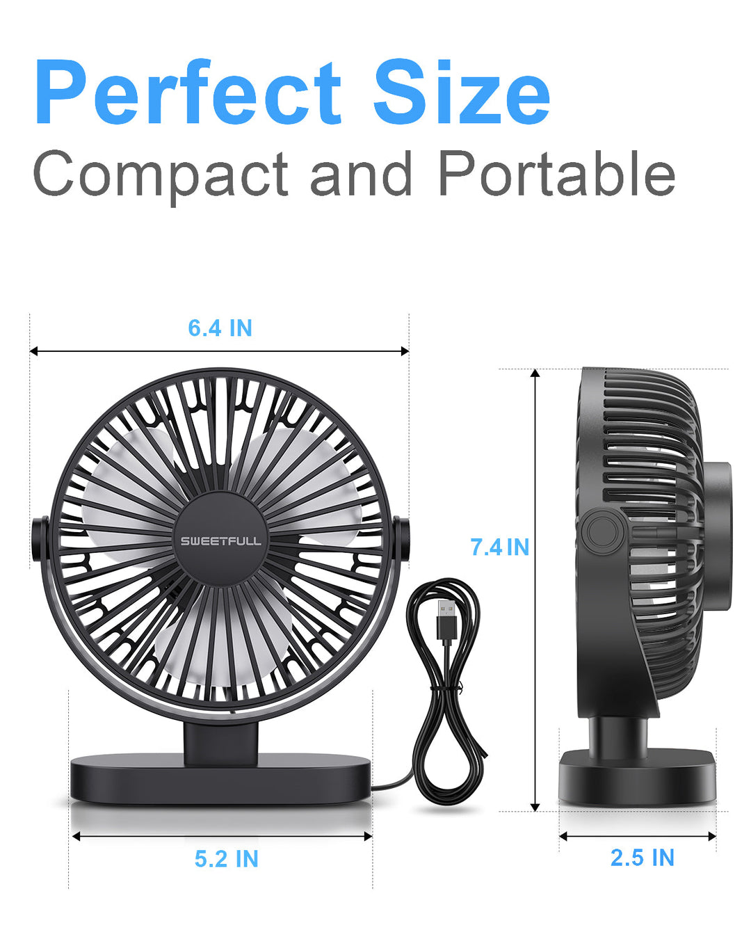 6.5 Inch USB Small Desk Fan for Home Office Car Outdoor Travel | Bowlift