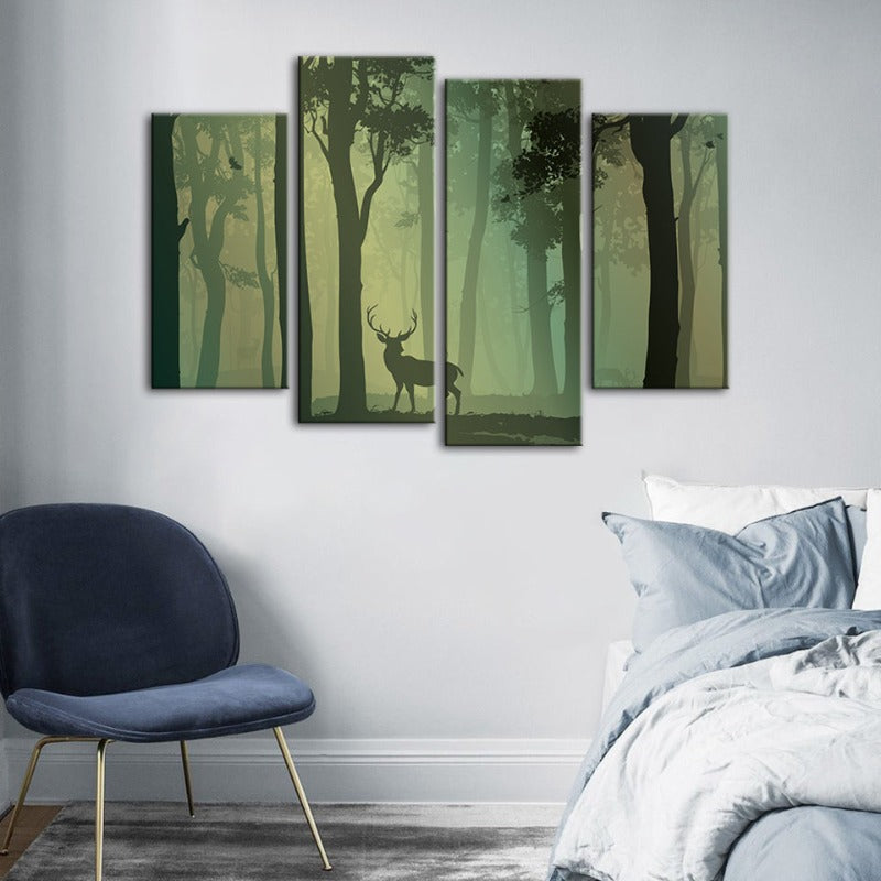 4 Piece Enchanted Green Toned Silhouetted Deer - Canvas Wall Art Painting | Bowlift