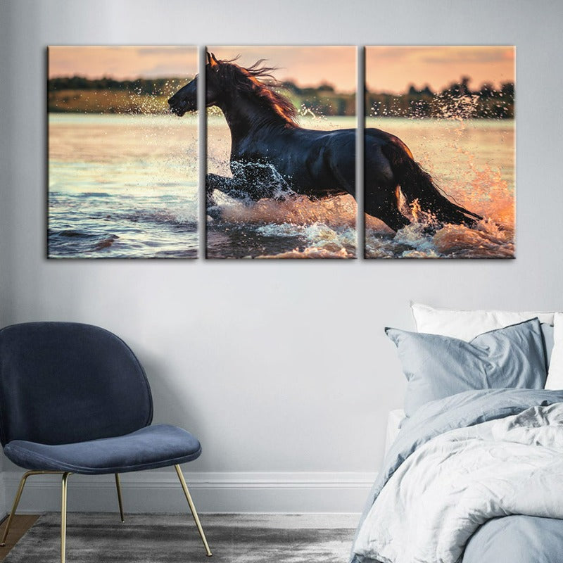 Running Horse In Water-Canvas Wall Art Painting 3 Pieces | Bowlift