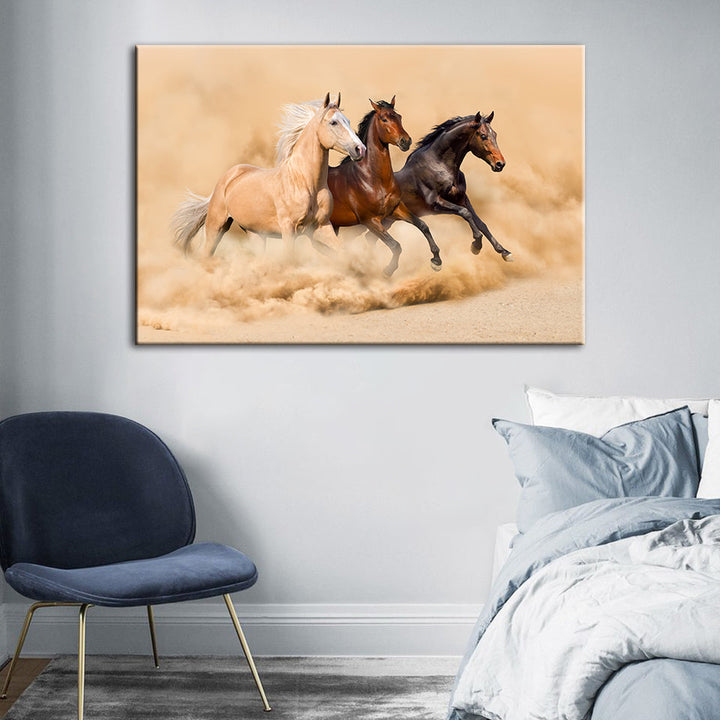 Three Running Horses in Desert - Canvas Wall Art Painting | Bowlift
