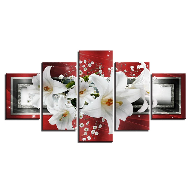 5 Piece Red Background White Tulip Flower - Canvas Wall Art Painting | Bowlift