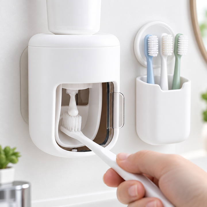 Automatic Toothpaste Dispenser and Wall-Mounted Toothbrush Organizer Bowlift