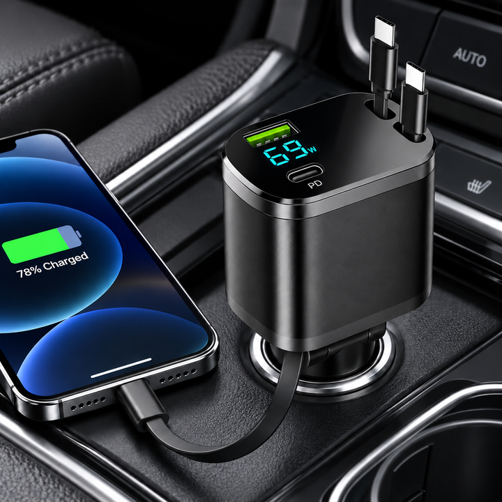 High-Power Fast Car Charger with Dual USB-C PD Ports and LED Voltage Display Bowlift