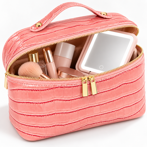 Crocodile-Embossed Structured Cosmetic Travel Case with Top Handle and Double Zip Bowlift