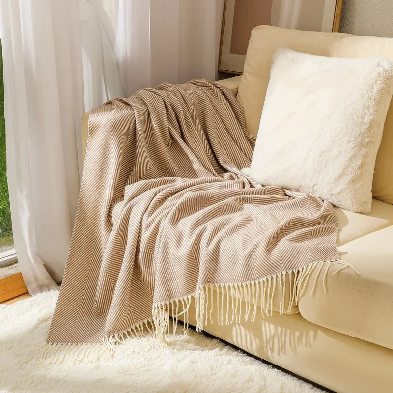 100% Cotton Luxury Herringbone Large Sofa Bed Throw Blanket Fringed Tweed Soft Bowlift