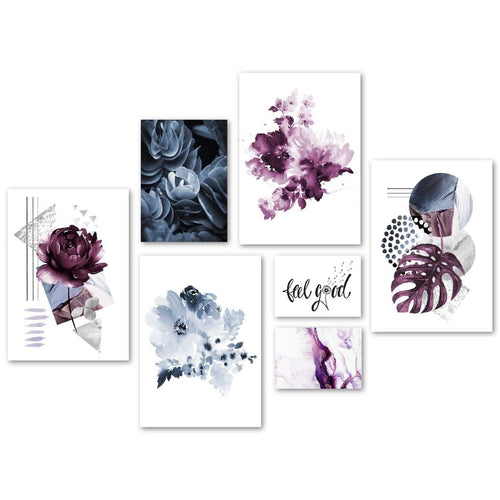 Abstract lilac and blue floral gallery wall | Bowlift