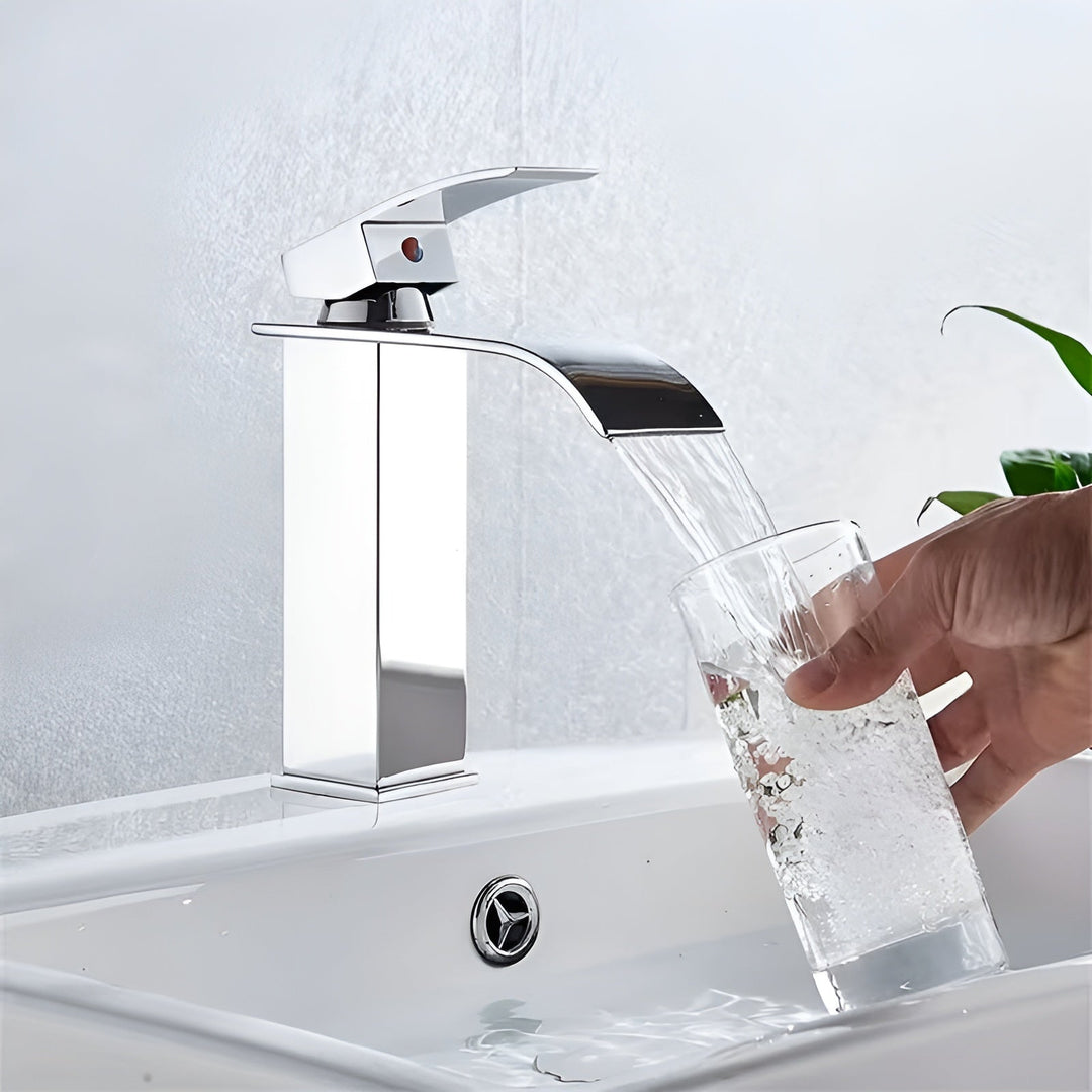 Sink faucet made of stainless steel – waterfall spout with hot and cold water | single hole mixer tap in Bowliftack for bathroom | Bowlift
