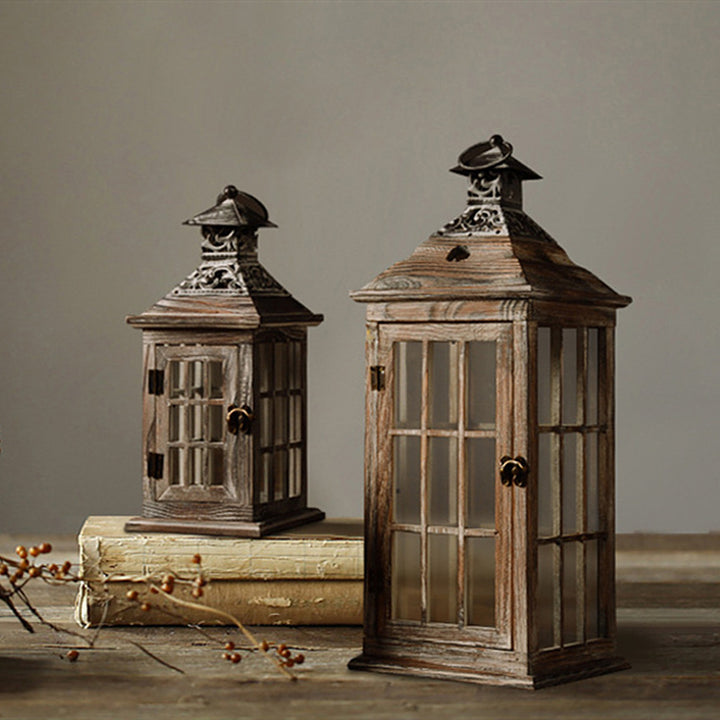 Rustic Distressed Wood Windowpane Glass Candle Lantern Set with Ornate Metal Roof Bowlift