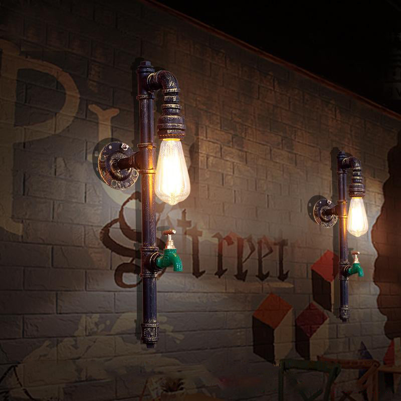 BowLift | 1-Bulb Pencil Tube Arm Wall Light Vintage Bronze Metal Wall Mounted Lamp with Faucet Decoration