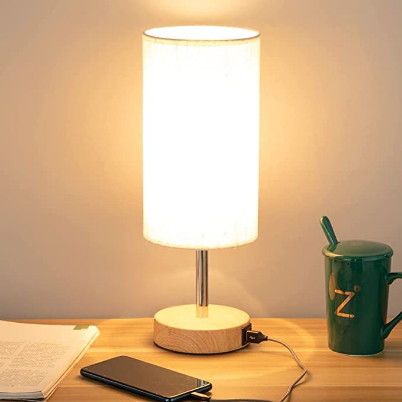 BowLift | Lamp with USB connection Touch-Control Table Lamp for Bedroom Wood 3-stage dimmable Bedside Lamp with Round Linen Fabric Shade for Living Room, Student Dorm, Home Office