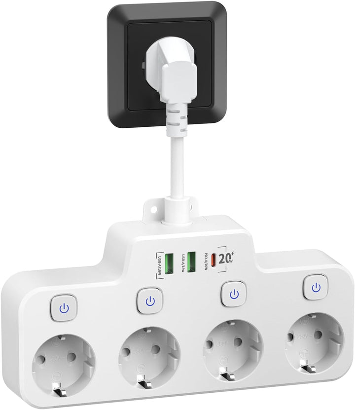 BowLift | Swivel Wall-Mounted Power Strip with Independent Switches – 3 Outlets + 2 USB-A + 1 USB-C Ports