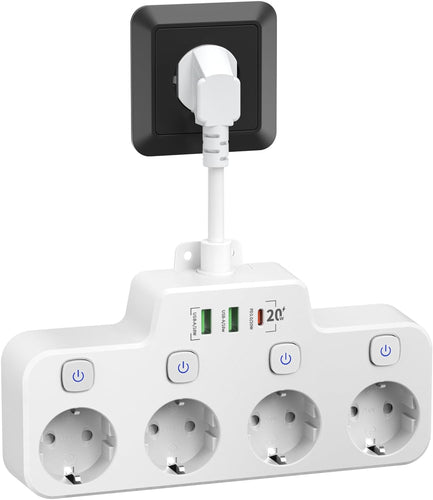 BowLift | Swivel Wall-Mounted Power Strip with Independent Switches – 3 Outlets + 2 USB-A + 1 USB-C Ports