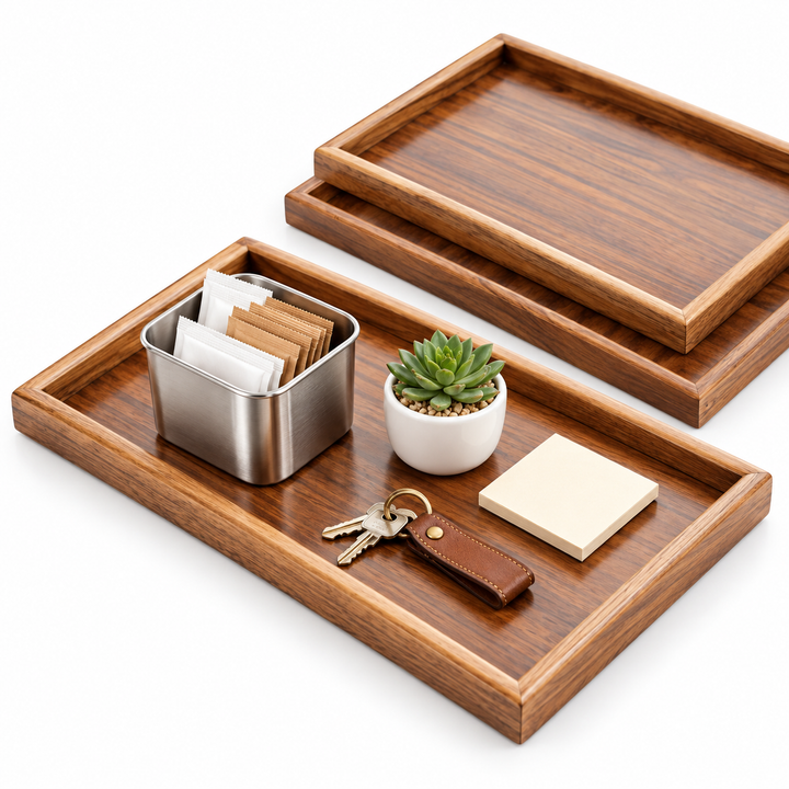 Solid Wood Rectangular Serving Tray Collection with Raised Lip and Natural Grain Bowlift