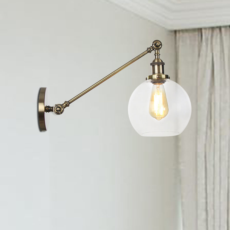 BowLift | Clear Glass Globe Wall Lighting Country House 1 Light Living Room Fixture in Black/ Brass/ Bronze with Arm, 8"/12" L