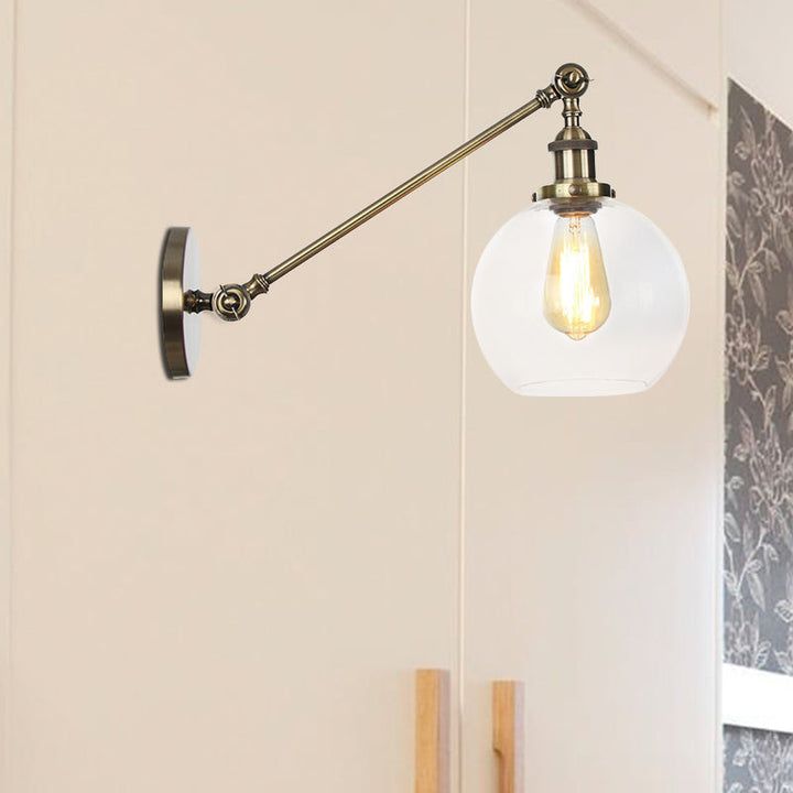 BowLift | Clear Glass Globe Wall Lighting Country House 1 Light Living Room Fixture in Black/ Brass/ Bronze with Arm, 8"/12" L