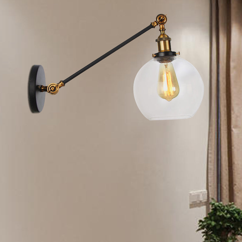 BowLift | Clear Glass Globe Wall Lighting Country House 1 Light Living Room Fixture in Black/ Brass/ Bronze with Arm, 8"/12" L