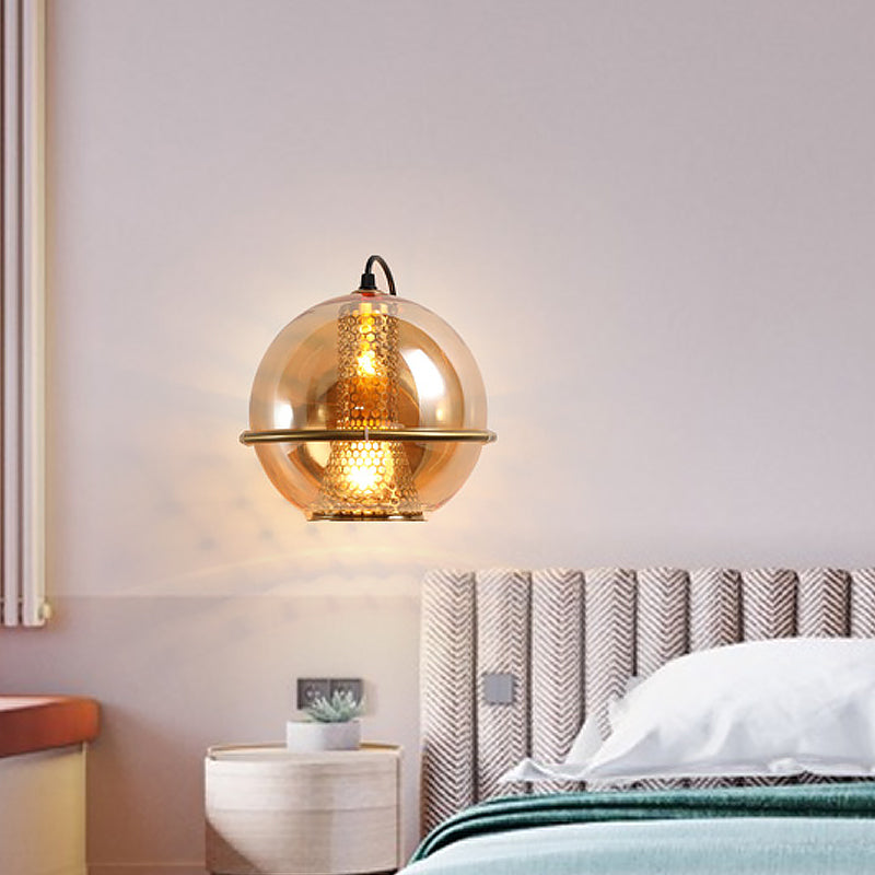 BowLift | Brass Ball Wall Light Post Modern 1-Head Cognac Glass Wall Mounted Light Source for Nightstand