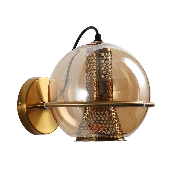 BowLift | Brass Ball Wall Light Post Modern 1-Head Cognac Glass Wall Mounted Light Source for Nightstand