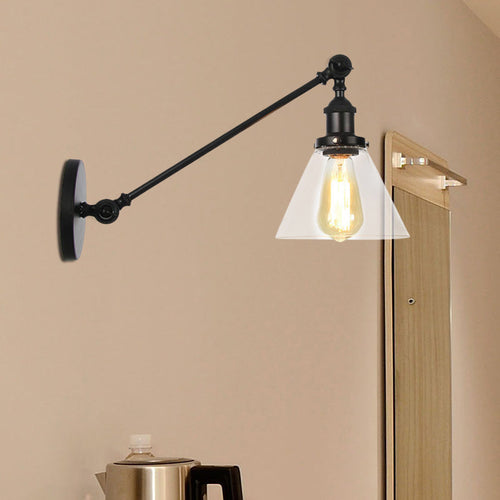 BowLift | Industrial Conical Wall Lamp 1 Light Clear Glass Lighting in Black/Bronze/Brass, 8