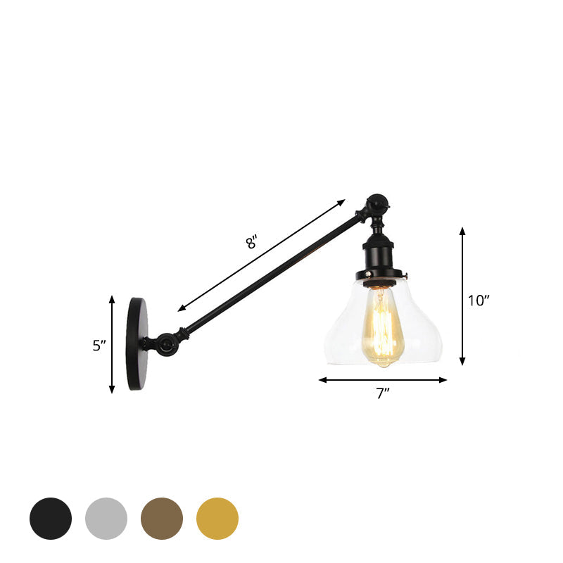 BowLift | 1 Light Indoor Lighting Fixture Farmhouse Black/Bronze/Brass Wall Lamp with Pear Clear Glass Shade, 8"/12" L Arm
