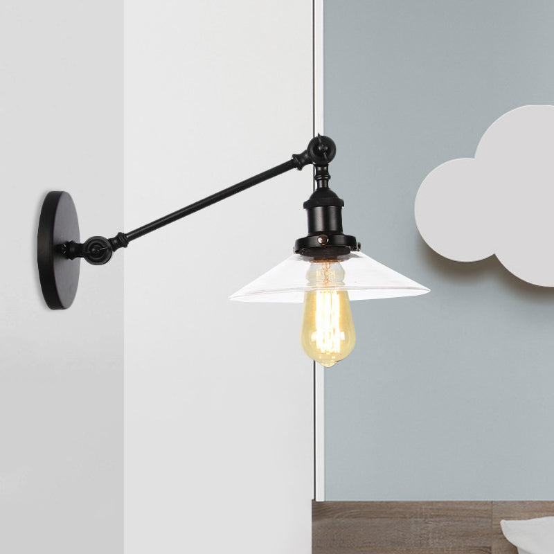 BowLift | 1 Light Indoor Wall Lamp Vintage Black/Brass/Bronze Lighting Fixture with Cone Transparent Glass Shade, 8"/12" L Arm