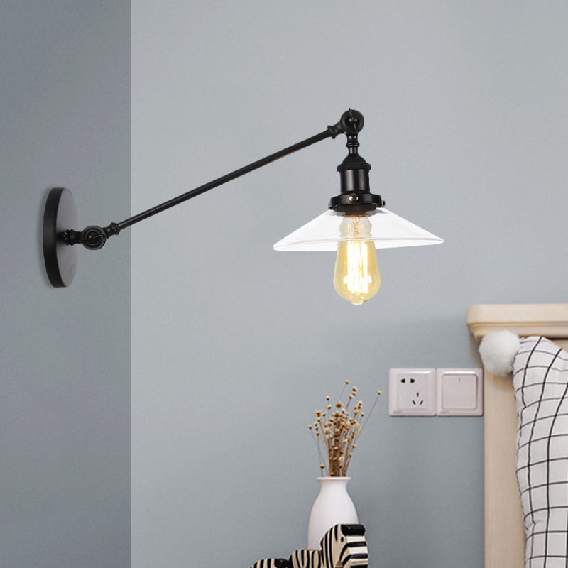 BowLift | 1 Light Indoor Wall Lamp Vintage Black/Brass/Bronze Lighting Fixture with Cone Transparent Glass Shade, 8"/12" L Arm
