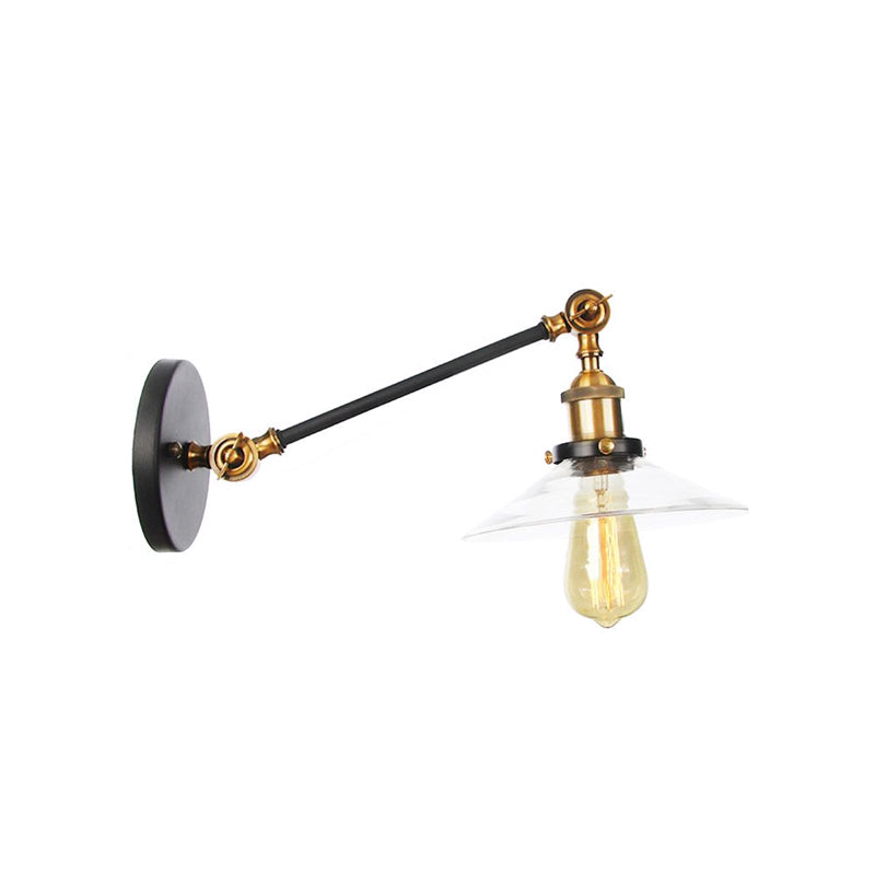 BowLift | 1 Light Indoor Wall Lamp Vintage Black/Brass/Bronze Lighting Fixture with Cone Transparent Glass Shade, 8"/12" L Arm