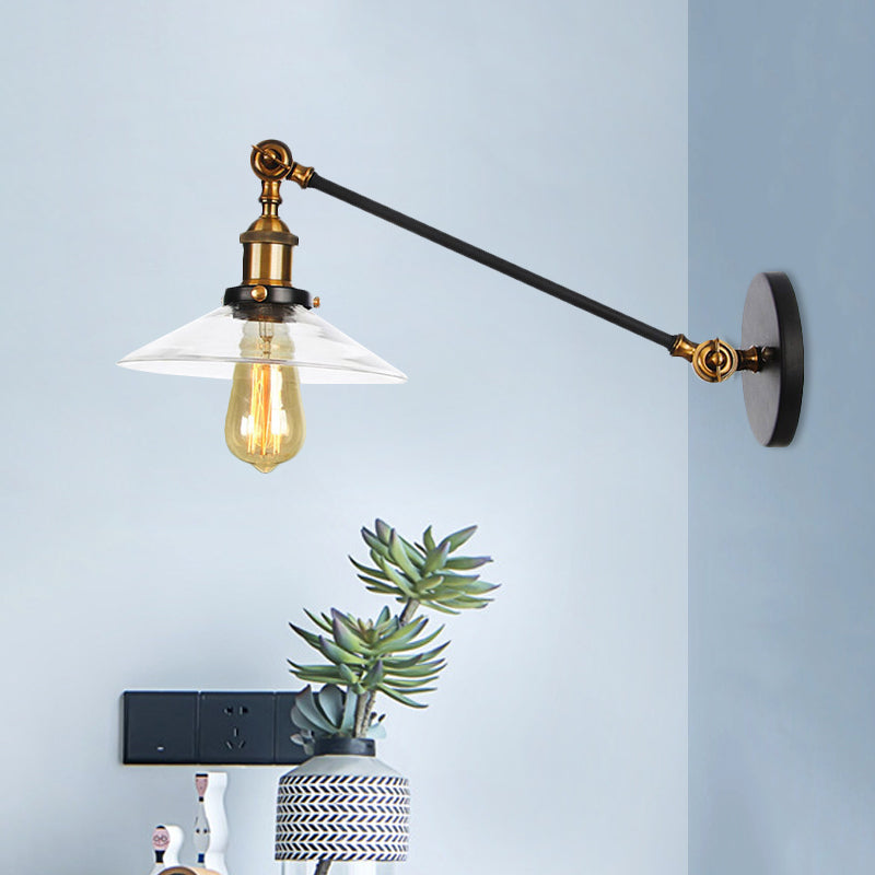 BowLift | 1 Light Indoor Wall Lamp Vintage Black/Brass/Bronze Lighting Fixture with Cone Transparent Glass Shade, 8"/12" L Arm