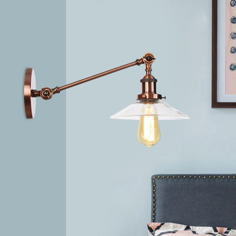 BowLift | 1 Light Indoor Wall Lamp Vintage Black/Brass/Bronze Lighting Fixture with Cone Transparent Glass Shade, 8"/12" L Arm
