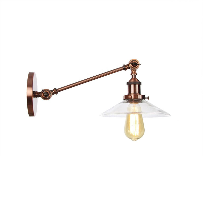 BowLift | 1 Light Indoor Wall Lamp Vintage Black/Brass/Bronze Lighting Fixture with Cone Transparent Glass Shade, 8"/12" L Arm