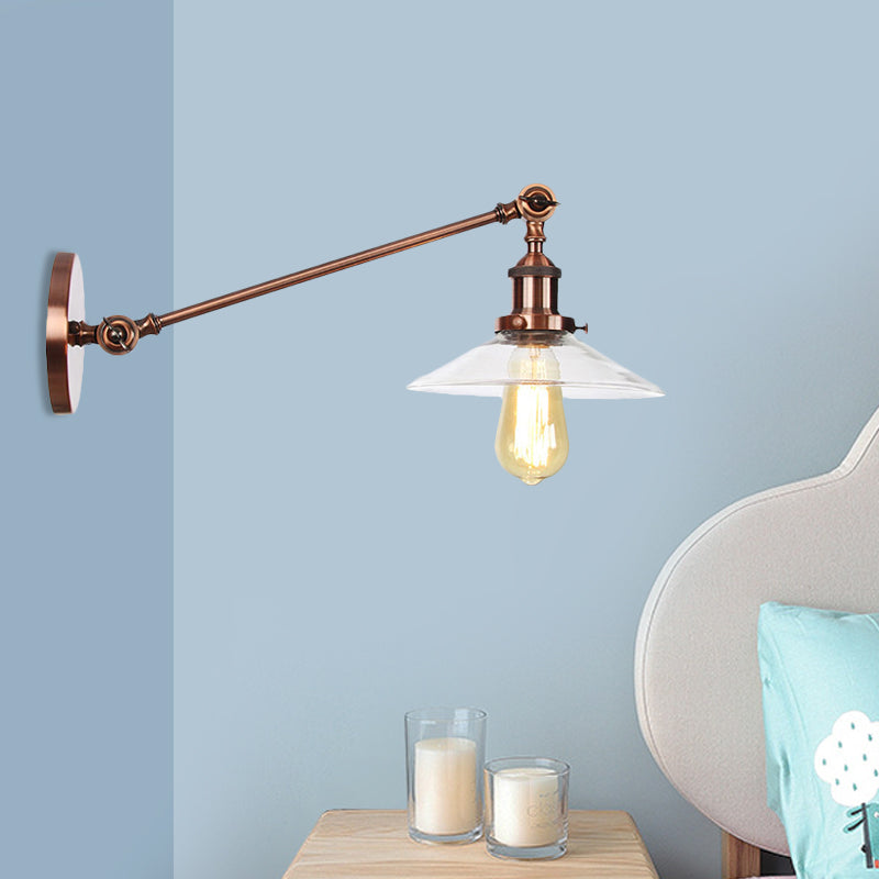 BowLift | 1 Light Indoor Wall Lamp Vintage Black/Brass/Bronze Lighting Fixture with Cone Transparent Glass Shade, 8"/12" L Arm