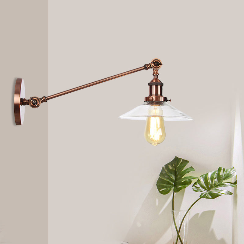 BowLift | 1 Light Indoor Wall Lamp Vintage Black/Brass/Bronze Lighting Fixture with Cone Transparent Glass Shade, 8"/12" L Arm