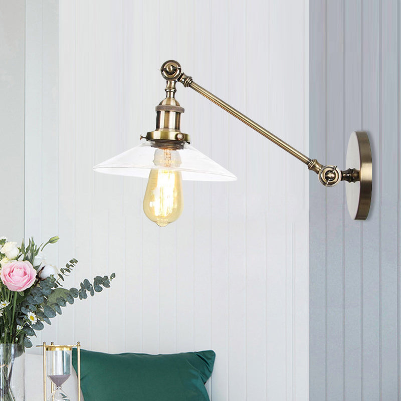 BowLift | 1 Light Indoor Wall Lamp Vintage Black/Brass/Bronze Lighting Fixture with Cone Transparent Glass Shade, 8"/12" L Arm