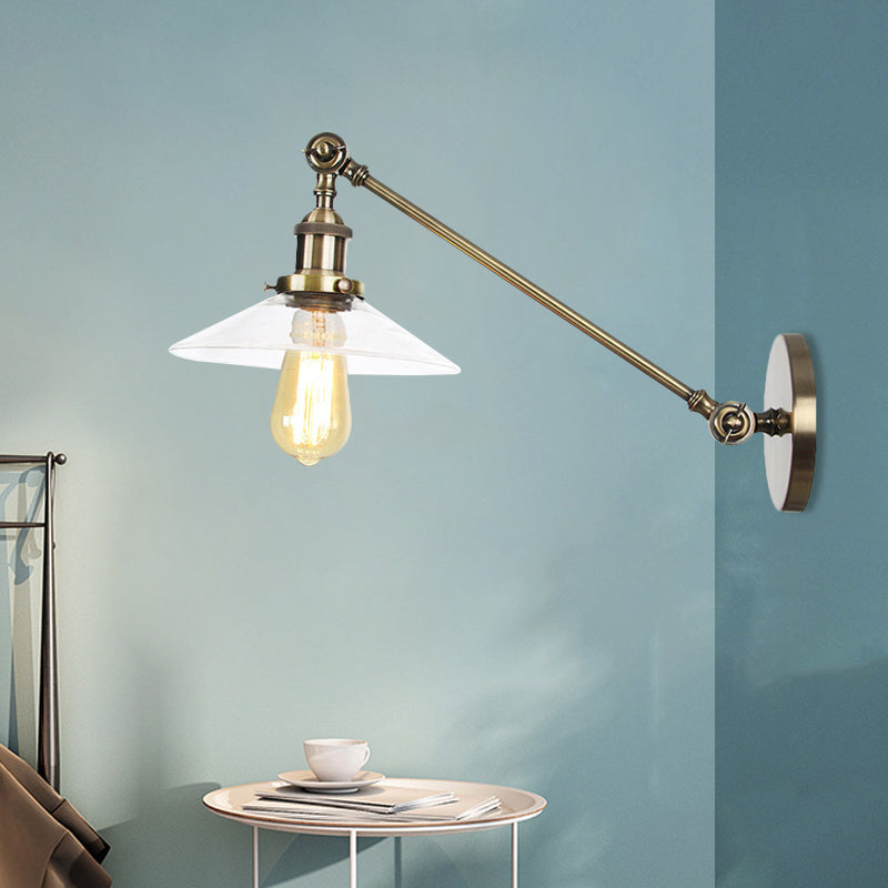 BowLift | 1 Light Indoor Wall Lamp Vintage Black/Brass/Bronze Lighting Fixture with Cone Transparent Glass Shade, 8"/12" L Arm