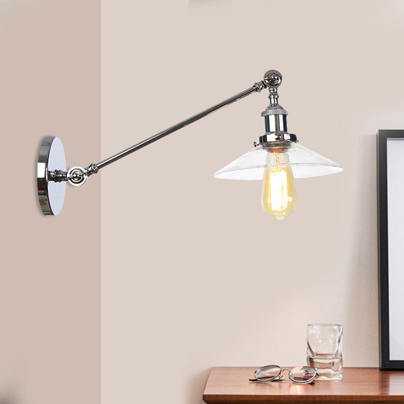 BowLift | 1 Light Indoor Wall Lamp Vintage Black/Brass/Bronze Lighting Fixture with Cone Transparent Glass Shade, 8"/12" L Arm