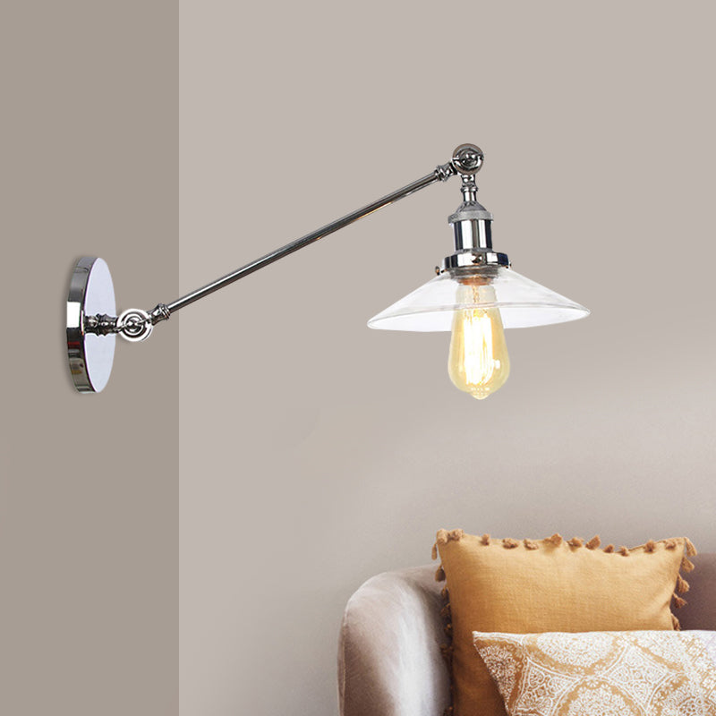 BowLift | 1 Light Indoor Wall Lamp Vintage Black/Brass/Bronze Lighting Fixture with Cone Transparent Glass Shade, 8"/12" L Arm