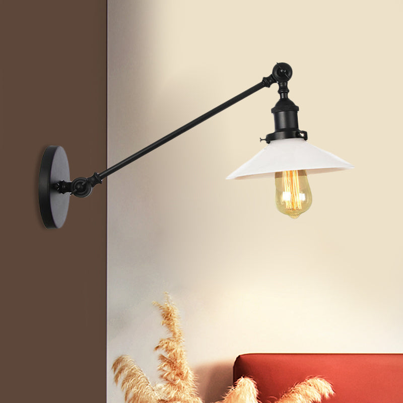 BowLift | Industrial Conical Wall Lamp 1 Light Opal Glass Wall Lamp in Black/Copper/Brass with Arm, 8"/12" L