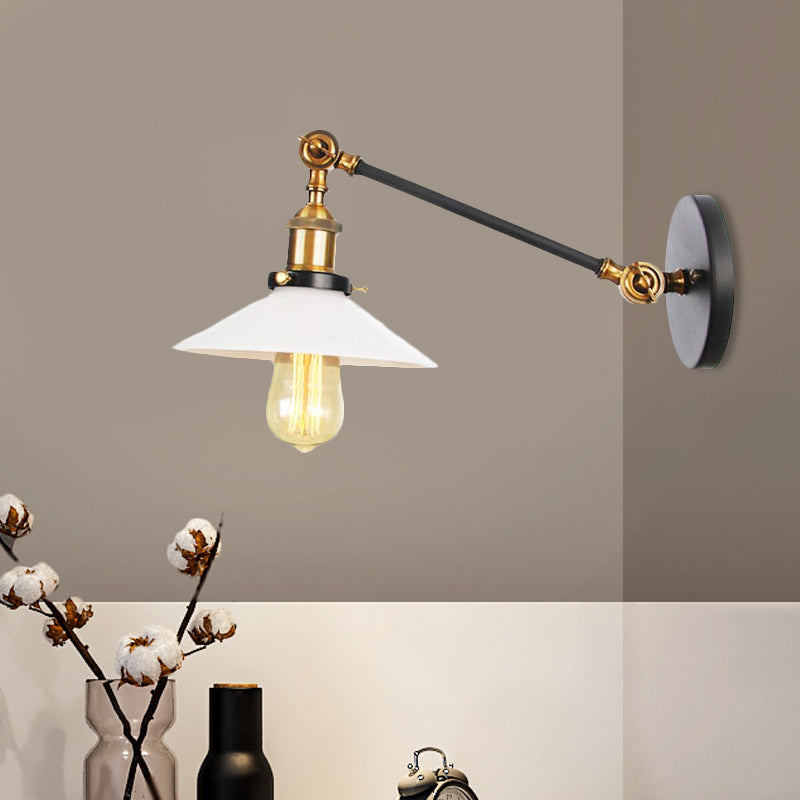 BowLift | Industrial Conical Wall Lamp 1 Light Opal Glass Wall Lamp in Black/Copper/Brass with Arm, 8"/12" L