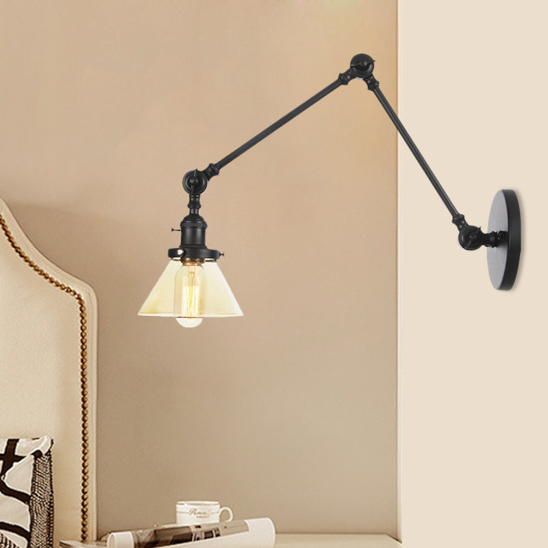 BowLift | 1 Light Wall Lamp Industrial Cone Clear/Amber Glass Wall Lamp in Black/Bronze/Brass with Adjustable Arm, 8“+8"/8"+8"+8" Long