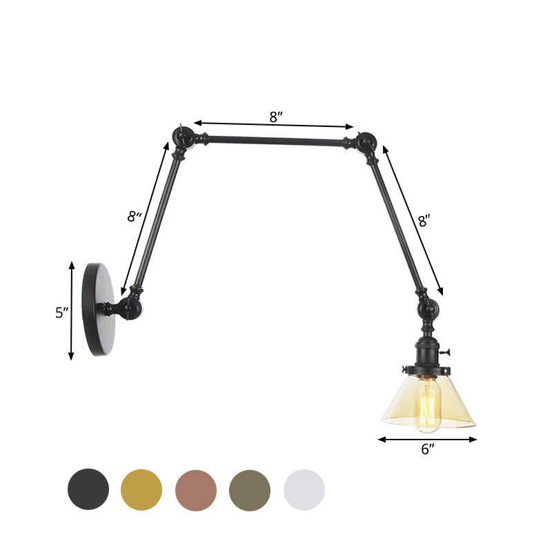 BowLift | 1 Light Wall Lamp Industrial Cone Clear/Amber Glass Wall Lamp in Black/Bronze/Brass with Adjustable Arm, 8“+8"/8"+8"+8" Long