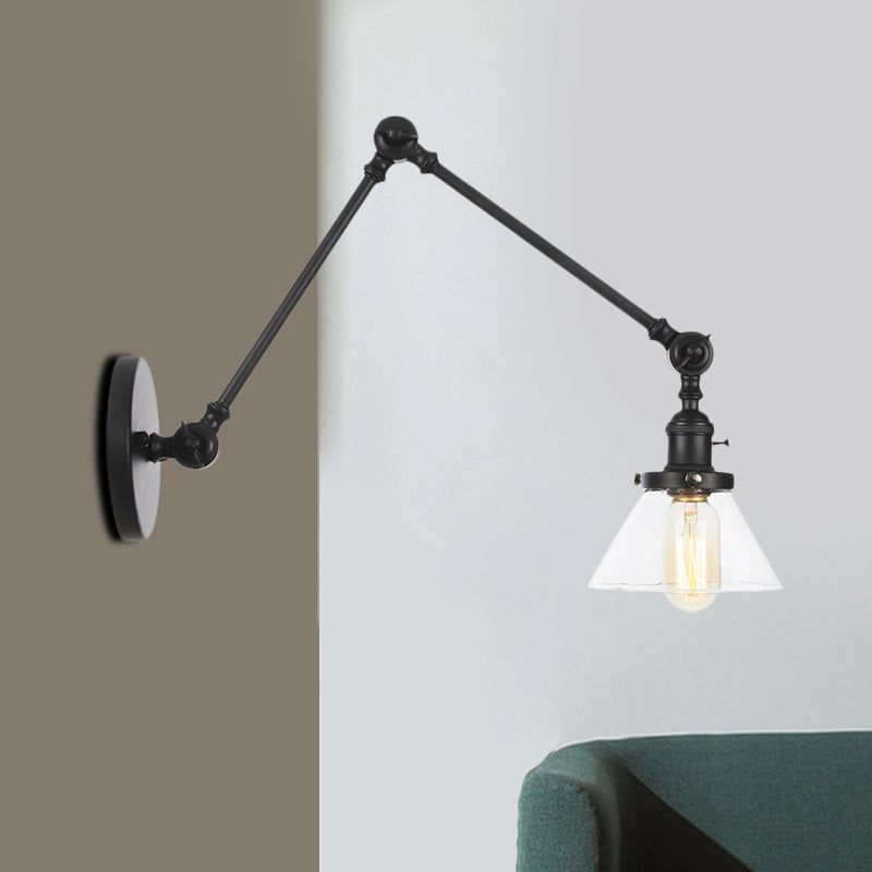 BowLift | 1 Light Wall Lamp Industrial Cone Clear/Amber Glass Wall Lamp in Black/Bronze/Brass with Adjustable Arm, 8“+8"/8"+8"+8" Long