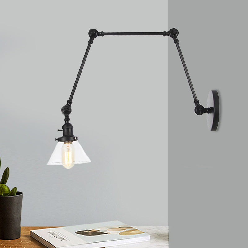 BowLift | 1 Light Wall Lamp Industrial Cone Clear/Amber Glass Wall Lamp in Black/Bronze/Brass with Adjustable Arm, 8“+8"/8"+8"+8" Long