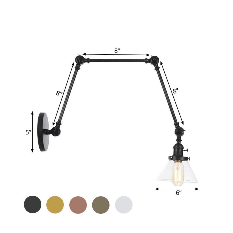 BowLift | 1 Light Wall Lamp Industrial Cone Clear/Amber Glass Wall Lamp in Black/Bronze/Brass with Adjustable Arm, 8“+8"/8"+8"+8" Long