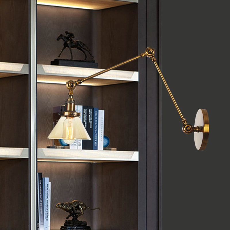 BowLift | 1 Light Wall Lamp Industrial Cone Clear/Amber Glass Wall Lamp in Black/Bronze/Brass with Adjustable Arm, 8“+8"/8"+8"+8" Long
