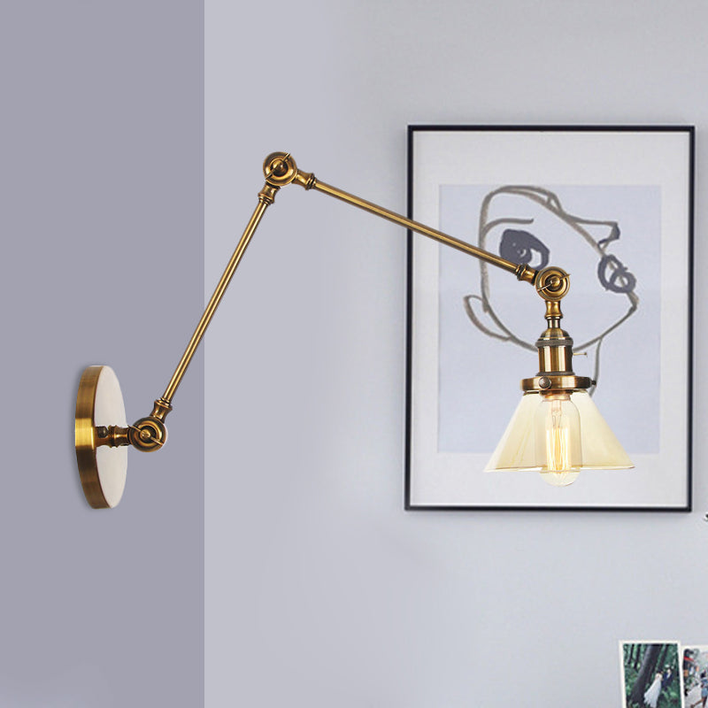BowLift | 1 Light Wall Lamp Industrial Cone Clear/Amber Glass Wall Lamp in Black/Bronze/Brass with Adjustable Arm, 8“+8"/8"+8"+8" Long